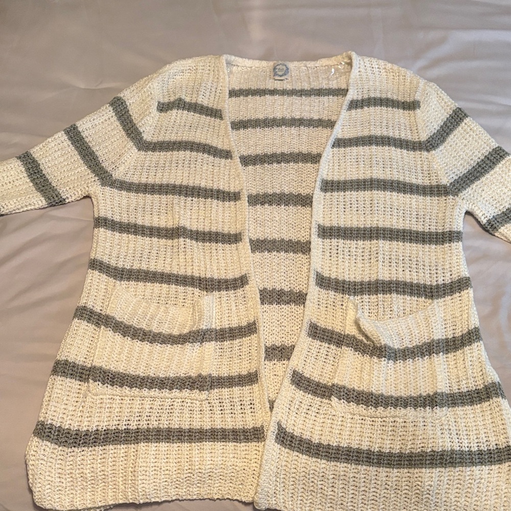Blue Rain Cream and Gray Striped Cardigan
